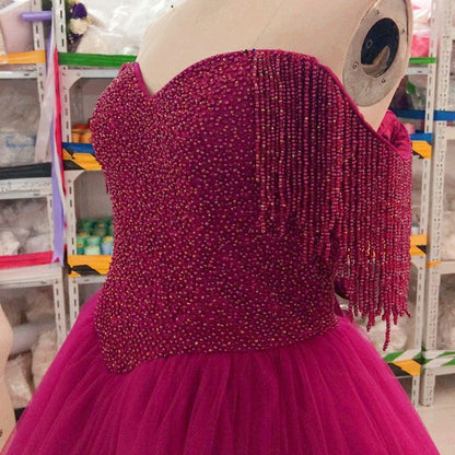 Burgundy Wedding Dresses Ball Gowns Off The Shoulder With Tassel