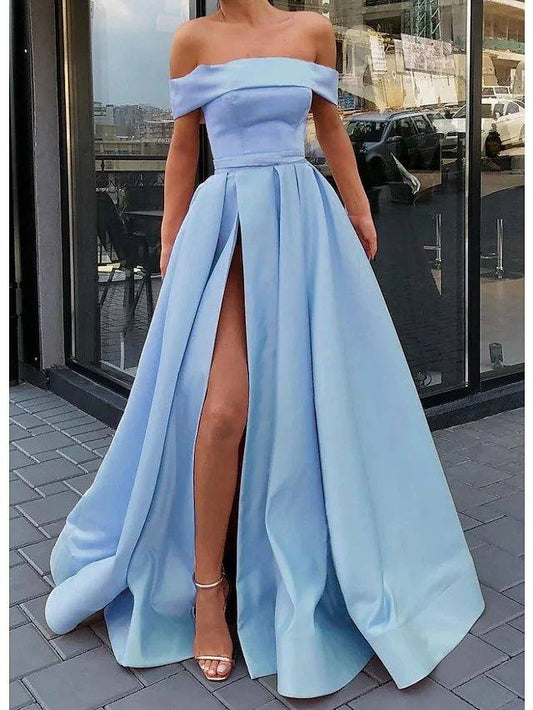 A-Line Minimalist Sexy Engagement Prom Dress Off Shoulder Sleeveless Floor Length Satin with Split - RongMoon