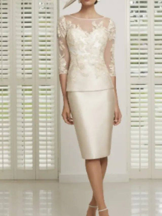 Sheath / Column Mother of the Bride Dress Elegant Sexy Illusion Neck Knee Length Satin Tulle 3/4 Length Sleeve with Appliques - RongMoon