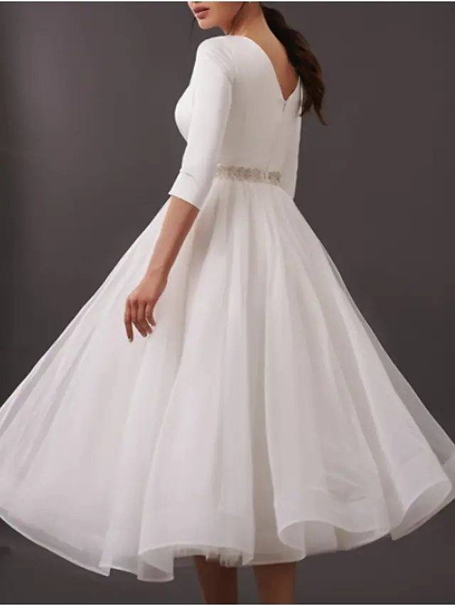 A-Line Wedding Dresses Jewel Neck Tea Length Satin Tulle Half Sleeve Simple Vintage Little White Dress 1950s with Sashes / Ribbons - RongMoon