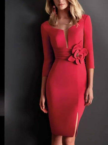 Sheath / Column Mother of the Bride Dress Elegant Bateau Neck Knee Length Satin 3/4 Length Sleeve with Split Front Flower - RongMoon