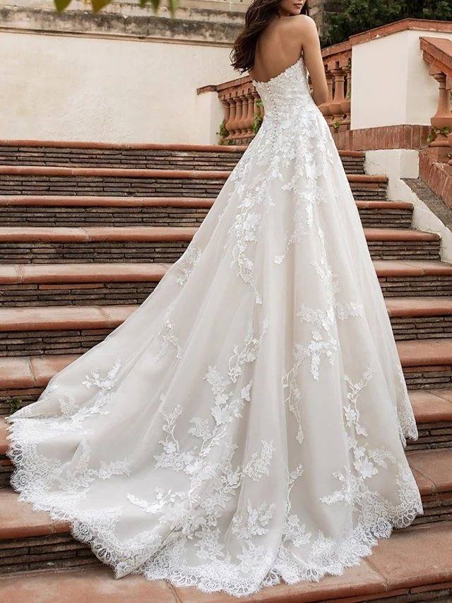 A-Line Wedding Dresses Sweetheart Neckline Sweep / Brush Train Lace Strapless Romantic Illusion Detail with Appliques - RongMoon