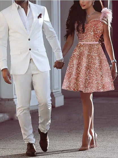 A-Line Glittering Sexy Homecoming Cocktail Party Dress Sweetheart Neckline Sleeveless Short / Mini Sequined with Feather Sequin - RongMoon