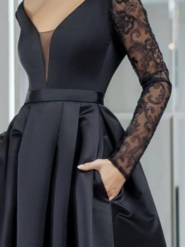 A-Line Minimalist Sexy Wedding Guest Formal Evening Dress V Neck Long Sleeve Asymmetrical Lace Satin with Pleats Lace Insert - RongMoon