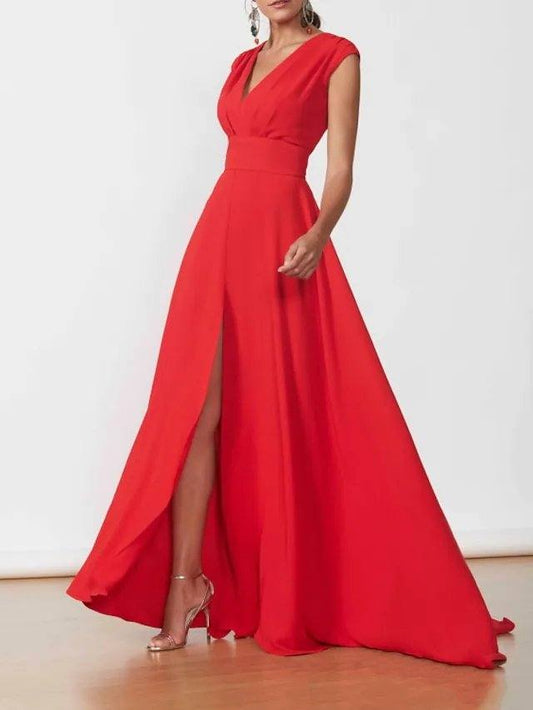 A-Line Minimalist Elegant Wedding Guest Formal Evening Dress V Neck Sleeveless Floor Length Chiffon with Split - RongMoon