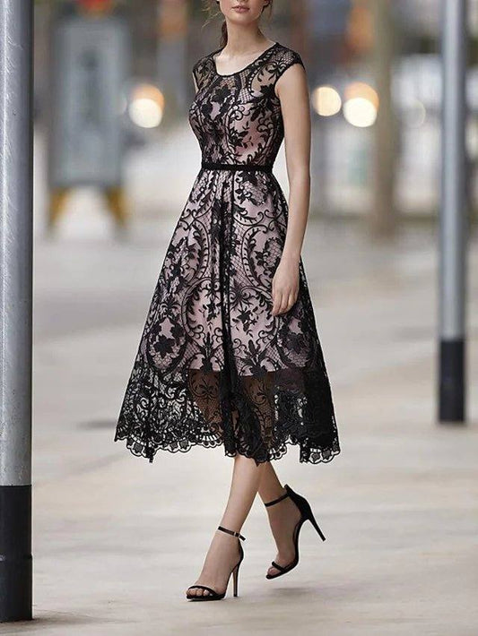 A-Line Mother of the Bride Dress Elegant Jewel Neck Tea Length Lace Cap Sleeve with Color Block - RongMoon