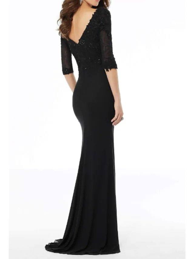 Sheath / Column Mother of the Bride Dress Elegant V Neck Floor Length Chiffon Half Sleeve with Embroidery Appliques - RongMoon