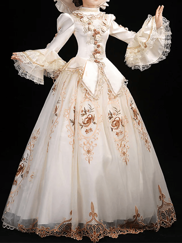 Ball Gown Elegant Vintage Halloween Quinceanera Dress High Neck Long Sleeve Floor Length Satin with Lace Insert Appliques - RongMoon