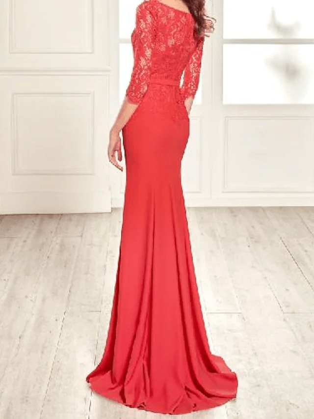 Sheath / Column Mother of the Bride Dress Elegant Jewel Neck Floor Length Lace Stretch Fabric Half Sleeve with Appliques - RongMoon