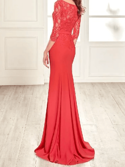 Sheath / Column Mother of the Bride Dress Elegant Jewel Neck Floor Length Lace Stretch Fabric Half Sleeve with Appliques - RongMoon