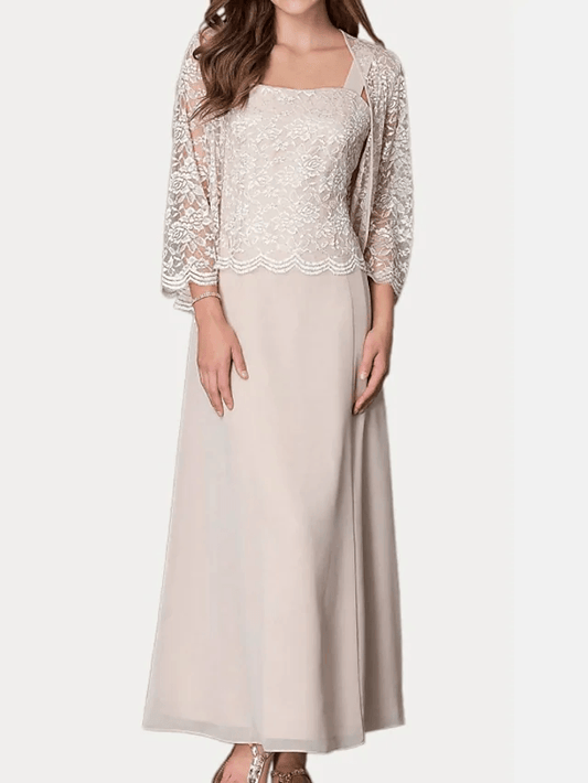 Two Piece Sheath / Column Mother of the Bride Dress Elegant Square Neck Floor Length Chiffon Lace 3/4 Length Sleeve with Embroidery - RongMoon