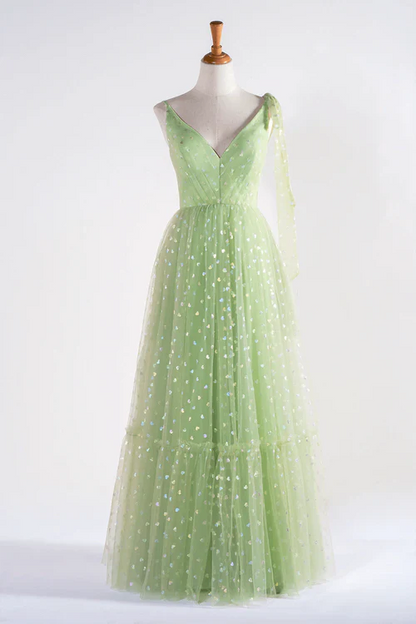 Aimishang Elegant Evening Dress V-neck Dotted Floor Length Tulle Prom Dress