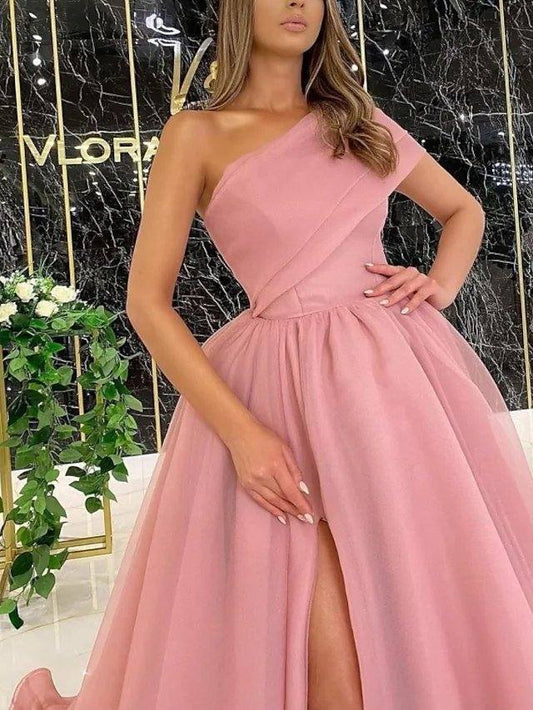 A-Line Luxurious Elegant Engagement Prom Dress One Shoulder Sleeveless Sweep / Brush Train Tulle with Split - RongMoon