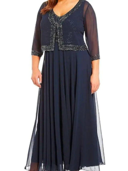 A-Line Mother of the Bride Dress Wrap Included V Neck Ankle Length Chiffon 3/4 Length Sleeve with Beading - RongMoon