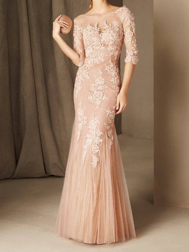 Mermaid / Trumpet Elegant Floral Engagement Formal Evening Dress Illusion Neck Long Sleeve Floor Length Lace Tulle with Appliques - RongMoon