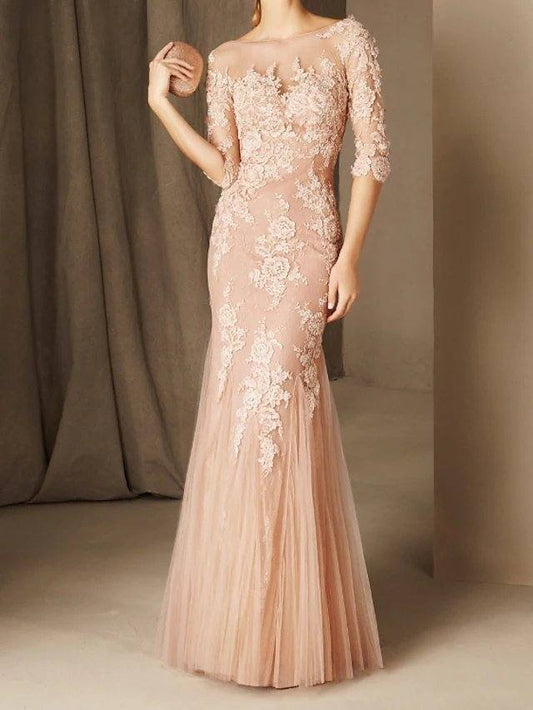 Mermaid / Trumpet Elegant Floral Engagement Formal Evening Dress Illusion Neck Long Sleeve Floor Length Lace Tulle with Appliques - RongMoon