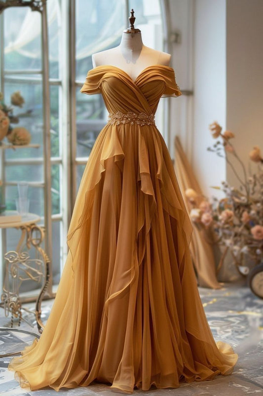 Yellow/Purple A-line Off-shoulder Chiffon Long Prom Dress Formal Evening Gown ED01218
