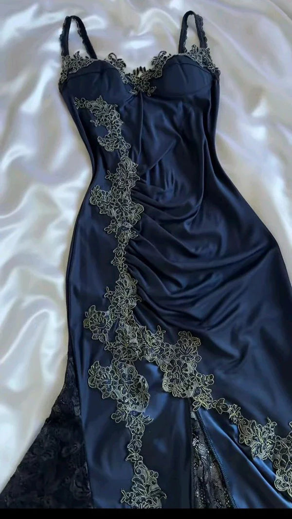 👑 Elegant Midnight Blue Prom Dress for Vegas Pool Party Party🌟 Delicate Lace Appliques Satin Evening Gown ED01319