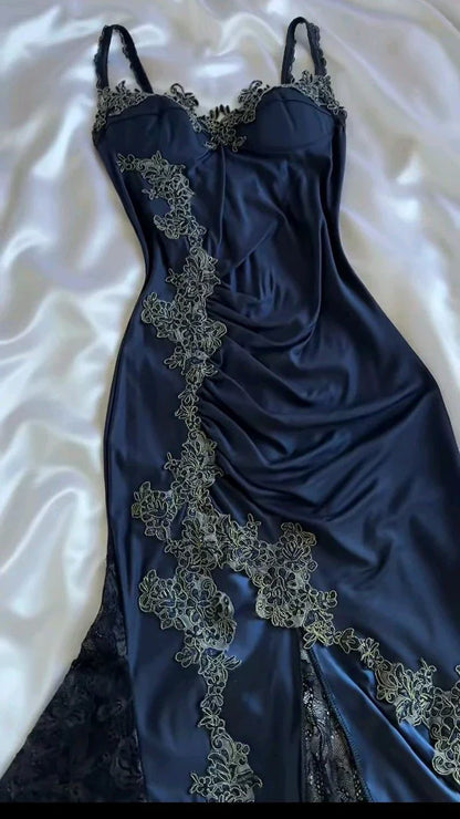 👑 Elegant Midnight Blue Prom Dress for Vegas Pool Party Party🌟 Delicate Lace Appliques Satin Evening Gown ED01319