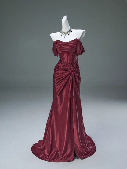 🐟Elegant Mermaid Pleated Satin Evening Dress - Glam Prom Dress for Graduation 💎 Quinceanera with Off-the-Shoulder Design ED01456