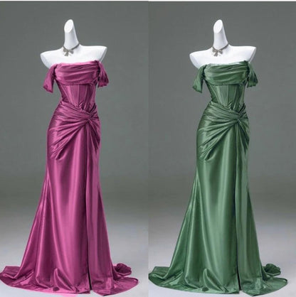 🐟Elegant Mermaid Pleated Satin Evening Dress - Glam Prom Dress for Graduation 💎 Quinceanera with Off-the-Shoulder Design ED01456
