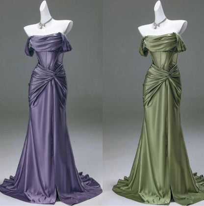 🐟Elegant Mermaid Pleated Satin Evening Dress - Glam Prom Dress for Graduation 💎 Quinceanera with Off-the-Shoulder Design ED01456