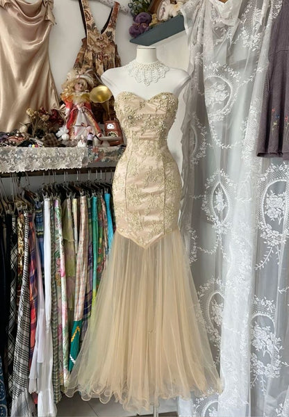 Yellow Mermaid Strapless Sweetheart Tulle Beaded Applique Long Prom Dress ED01651