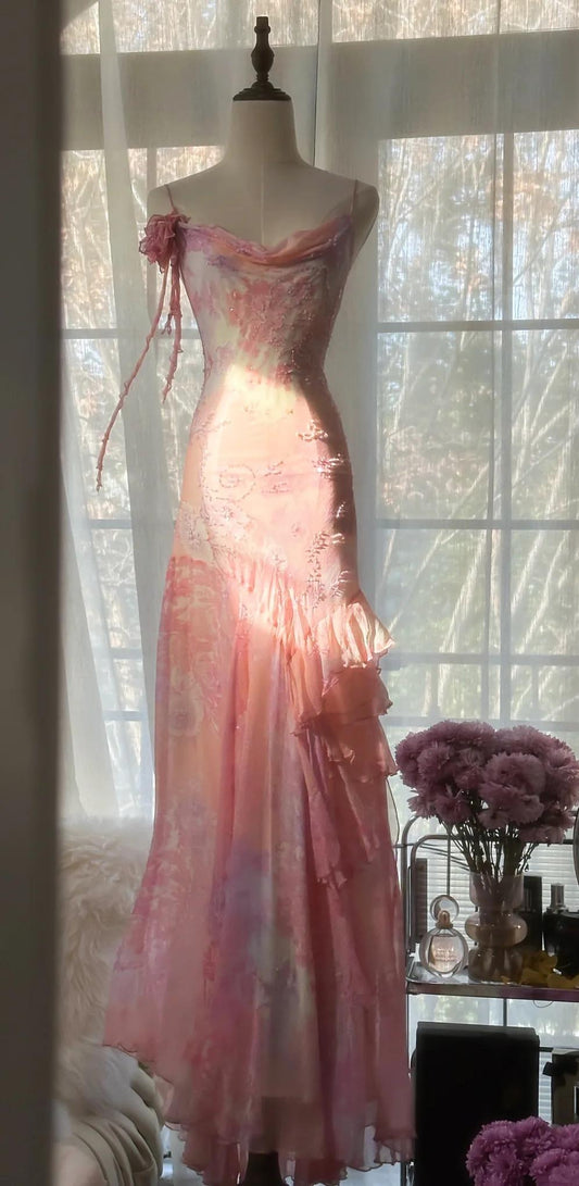 💕Fairytale Pink Mermaid Gown for Prom&Party-Vintage Spaghetti Strap Chiffon Beaded Long Evening Dress ED01690