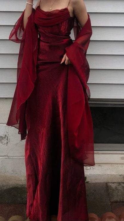 💚Vintage Dark Green Prom Dress Spaghetti Strap Chiffon Evening Gown with Shawl ED01713
