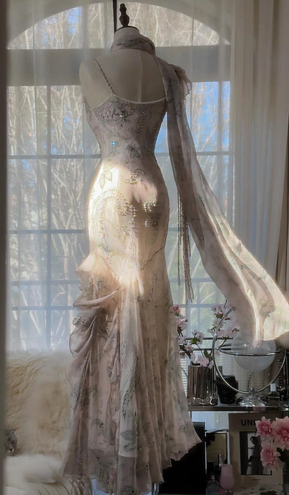 💕Fairytale Pink Beaded Chiffon Prom Dress🎐Vintage  Mermaid Gown for Graduation&Quniceanera ED01724