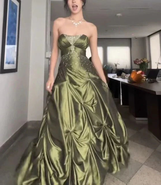 💚Pretty Forest Green A-Line Prom Dresses With Silver Beads -Sweet Princess Strapless Satin Evening Dress for  Birthday&Graduation ED01741