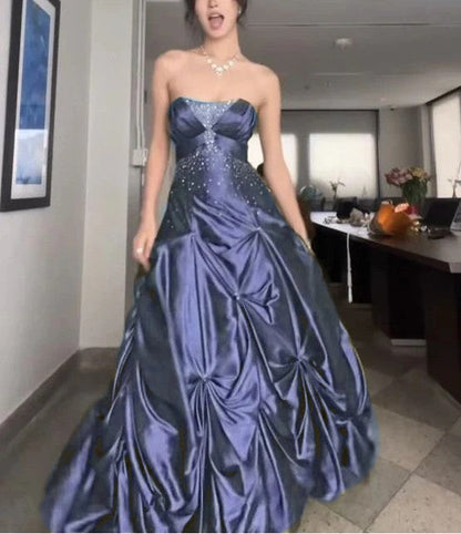 💚Pretty Forest Green A-Line Prom Dresses With Silver Beads -Sweet Princess Strapless Satin Evening Dress for  Birthday&Graduation ED01741