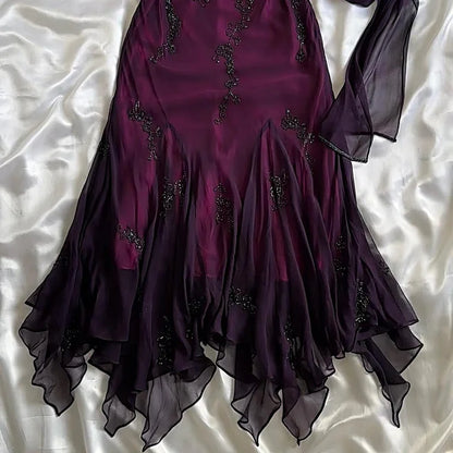 💃 Vintage Blue Tulle& Chiffon Prom Dress for Party&Graduation-90s Elegant Shinny Beaded  Evening Gown ED01743