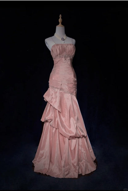 🩷Gentle Pink Mermaid Evening Dress Spaghetti Straps Satin  Layered Pleated Prom Dress with Beading ED01805