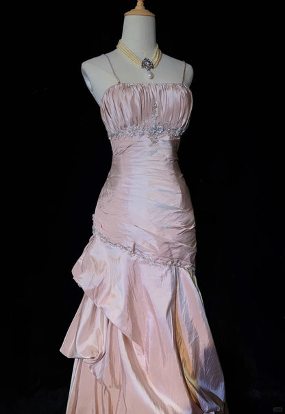 🩷Gentle Pink Mermaid Evening Dress Spaghetti Straps Satin  Layered Pleated Prom Dress with Beading ED01805
