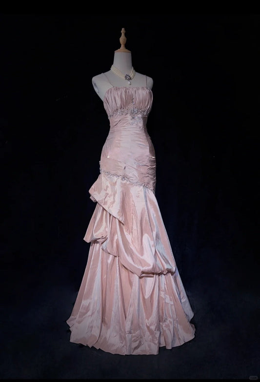 🩷Gentle Pink Mermaid Evening Dress Spaghetti Straps Satin  Layered Pleated Prom Dress with Beading ED01805