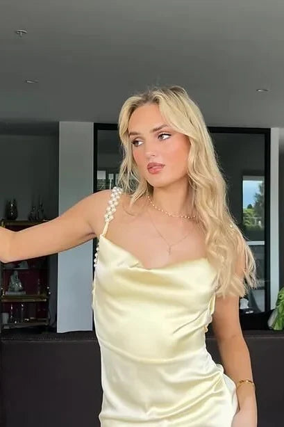 💐Romantic Yellow Pearl Strap Prom Dress for Birthday&Quinceanera-🥂Glam Satin Sexy Backless Evening Dress ED01913