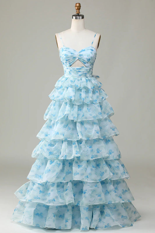 🌙 Enchanted Blue A-Line Evening Gown – Sweet Floral Layered Prom Dress for Special Occasion  ED01918