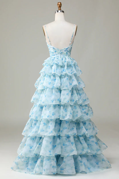 🌙 Enchanted Blue A-Line Evening Gown – Sweet Floral Layered Prom Dress for Special Occasion  ED01918
