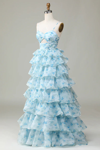 🌙 Enchanted Blue A-Line Evening Gown – Sweet Floral Layered Prom Dress for Special Occasion  ED01918