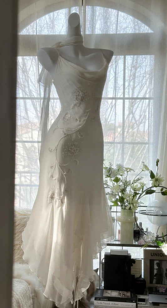 🫧90s Fairytale White Chiffon & Tulle Prom Dress for Pool Party -Vintage Beading & Embroidery Ball Gown for Formal Events ED01930
