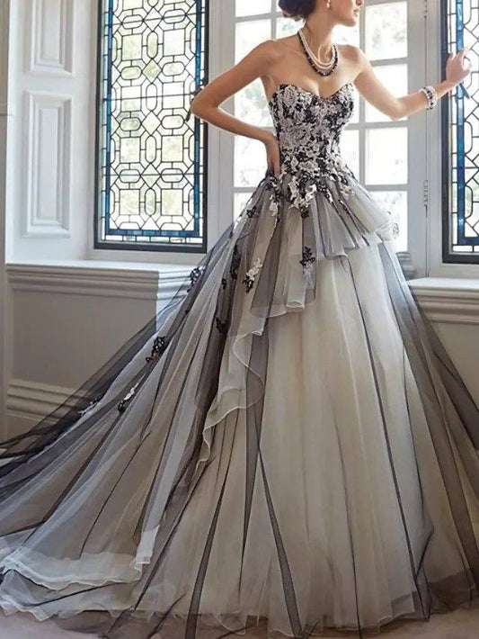 A-Line Wedding Dresses Sweetheart Neckline Court Train Lace Tulle Strapless Romantic Backless with Beading Lace Insert - RongMoon