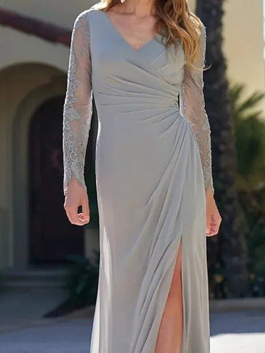 A-Line Mother of the Bride Dress Elegant V Neck Sweep / Brush Train Chiffon Lace Long Sleeve with Embroidery Split Front - RongMoon