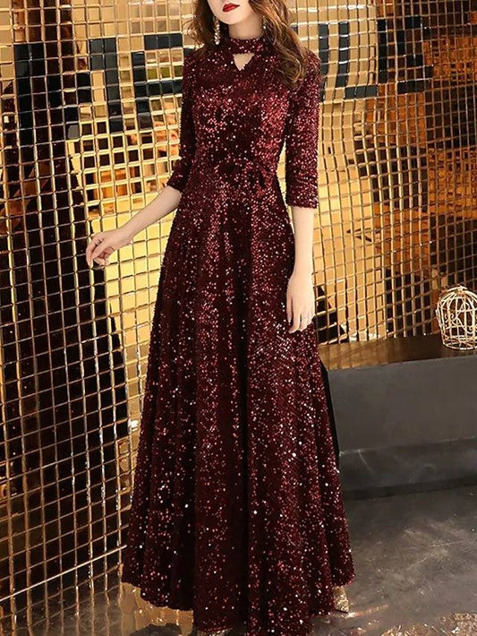 A-Line Minimalist Sparkle Prom Formal Evening Dress Jewel Neck 3/4 Length Sleeve Floor Length Sequined with Sequin Solid - RongMoon