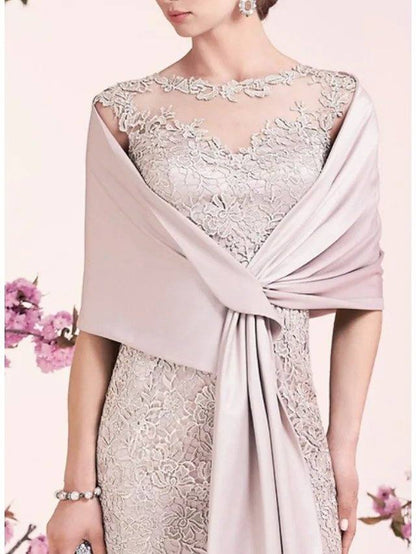 Sheath / Column Mother of the Bride Dress Elegant Illusion Neck Jewel Neck Knee Length Lace Satin Sleeveless with Embroidery - RongMoon