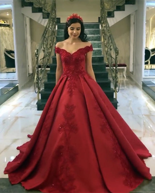 Elegant Ball Gown Satin Dresses V Neck Lace Appliques