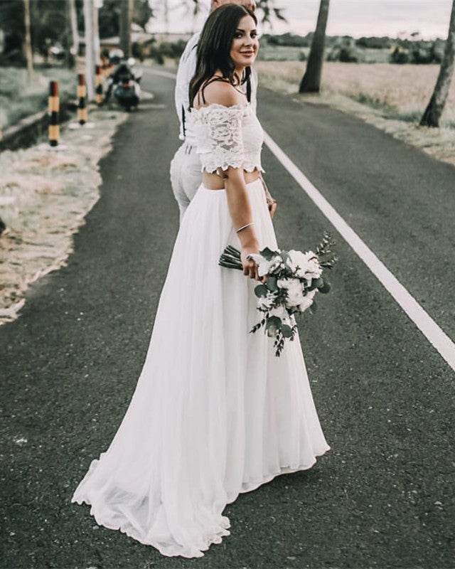 Elegant Boho Lace Crop Wedding Dresses Two Piece