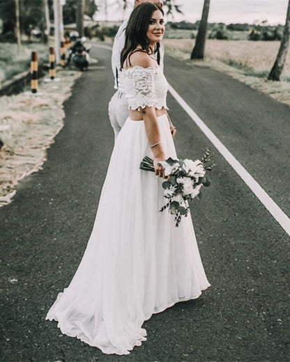 Elegant Boho Lace Crop Wedding Dresses Two Piece