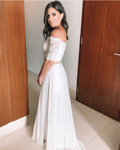 Elegant Boho Lace Crop Wedding Dresses Two Piece