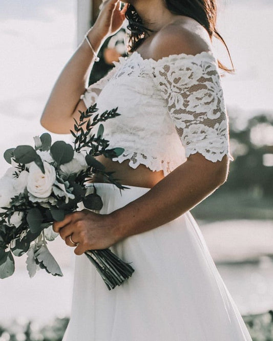 Elegant Boho Lace Crop Wedding Dresses Two Piece